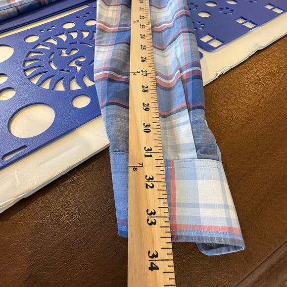 Johnnie-O Hangin' Out Plaid Button Down Shirt Blue Red Large Preppy Surf - Picture 9 of 10